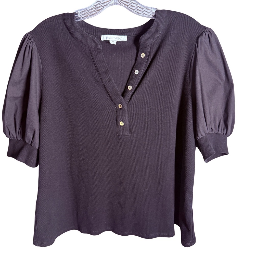 Single Thread Henley Top Womens XL Black Cotton Ribbed Puff Sleeve Mixed Media
